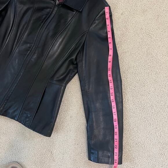 Black Leather Moto Jacket Size Medium EUC Liz Claiborne Full Zip Y2K 90s Friends - Picture 8 of 8